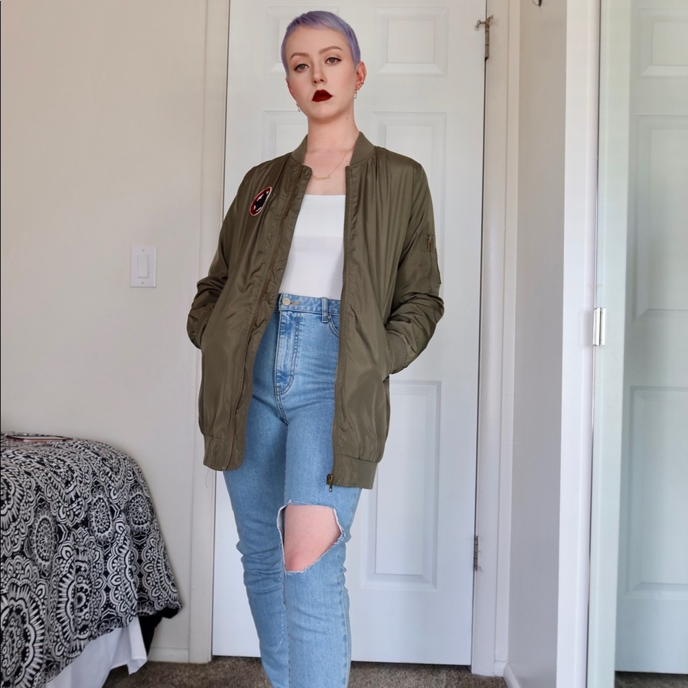 Army green longline bomber jacket